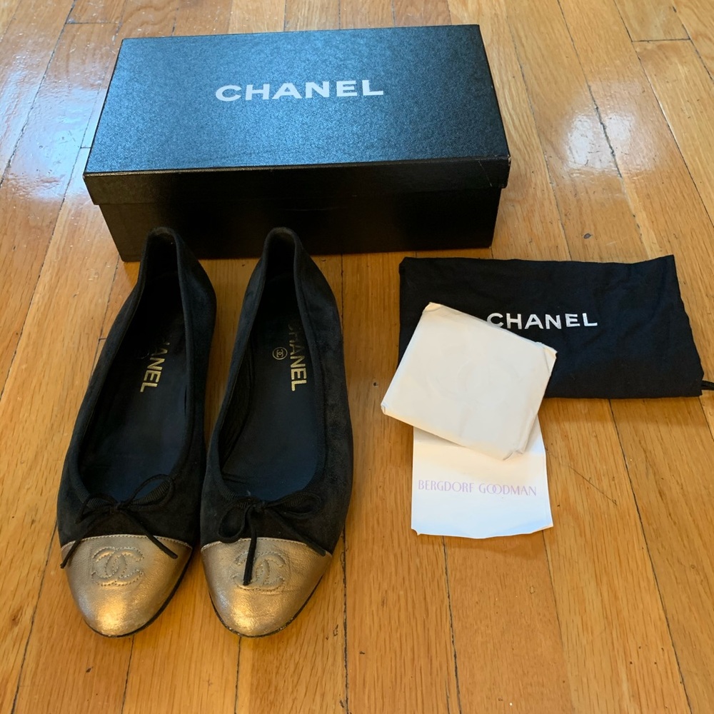 Chanel black suede ballerina flats gold cap toe